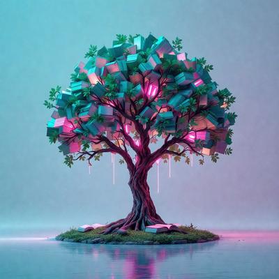 The primary subject of the image is a tree with a large number of books attached to it. The tree is located in a setting with a blue background, which adds to the overall atmosphere of the scene. The visual style of the image is a combination of photo and digital art, creating a unique and eye-catching representation of the tree with books. The colors and mood of the image are predominantly blue, which gives the scene a calm and serene feel.